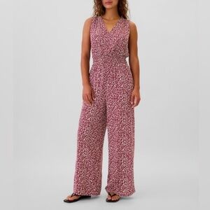 Gap Red Floral Smocked Wide Leg V Neck Jumpsuit Size L